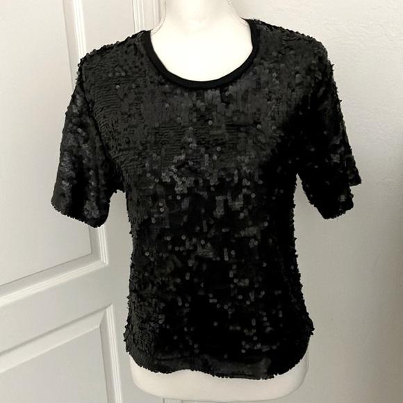 Socialite Black Sequin Short Sleeve Blouse - Picture 1 of 5